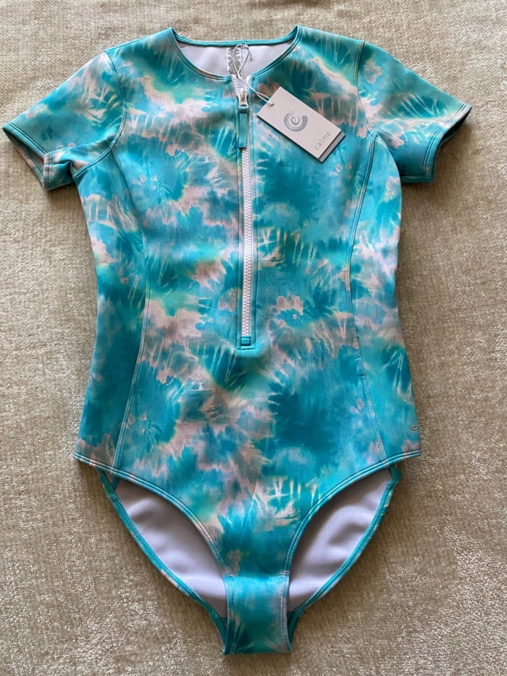Johnny Was Calme Neoprene One Piece Swimsuit Wetsuit Tie Dye Print Turquoise L